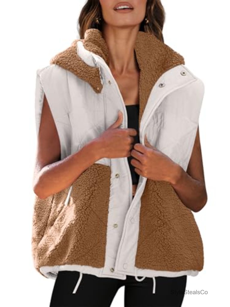 Womens Sherpa Vest Oversized Quilted Puffer Hooded Sleeveless Winter Fall